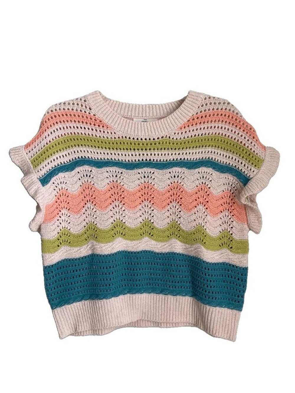 Entro Striped Crochet Knit Top Flutter Sleeve Colorful Wool Blend